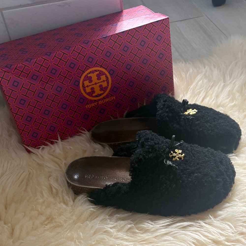 Tory Burch Black Fuzzy Mules
